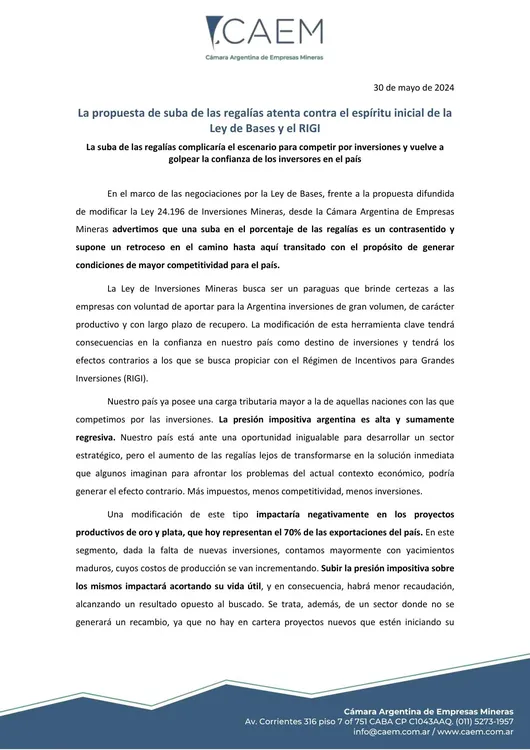 CAEM- propuesta suba regalías 31-05